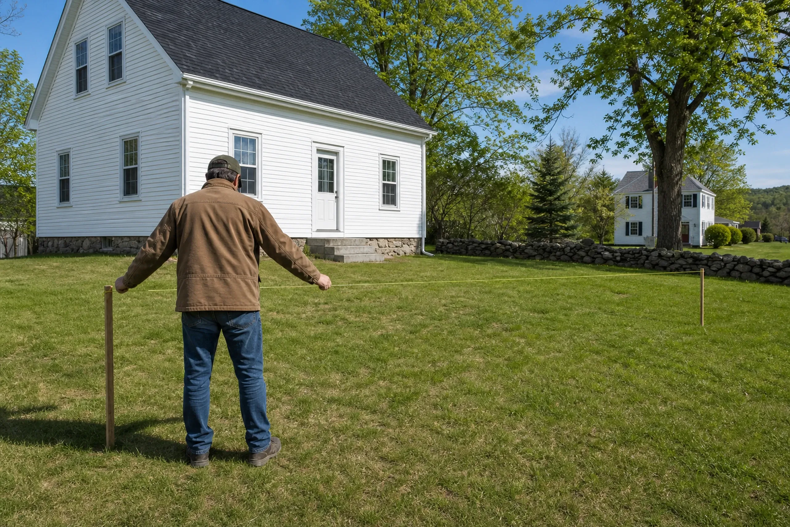 White colonial home in Veazie, ME: Man in brown jacket gestures toward white-sided house with dark roof and stone foundation, set on lawn with trees.