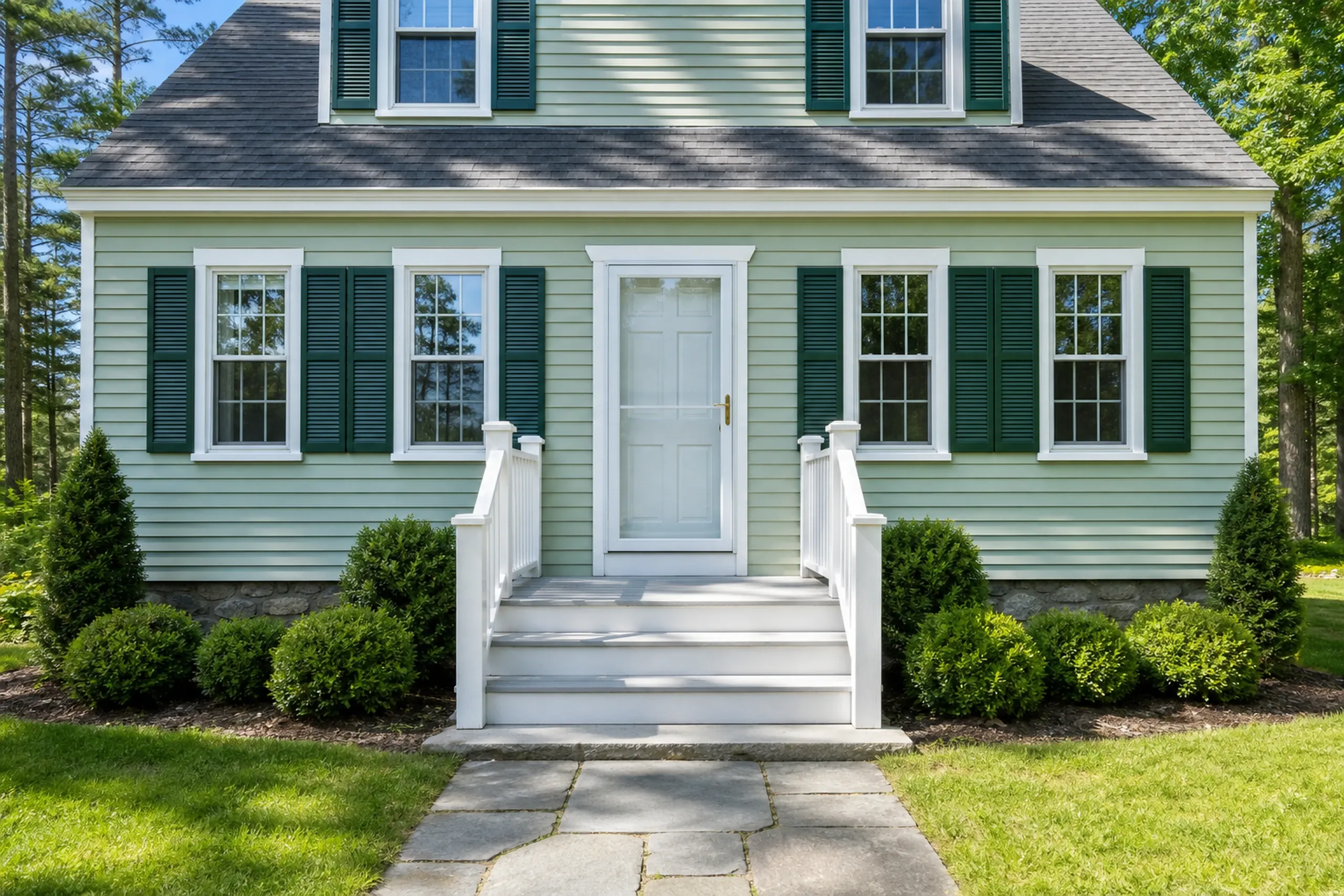 Re-sided colonial in Veazie, ME: Light green vinyl-sided house with dark green shutters, white trim, and gray roof. White front steps and railings lead to centered white door. Landscaped shrubs flank entry. Stone walkway leads to lawn and trees.