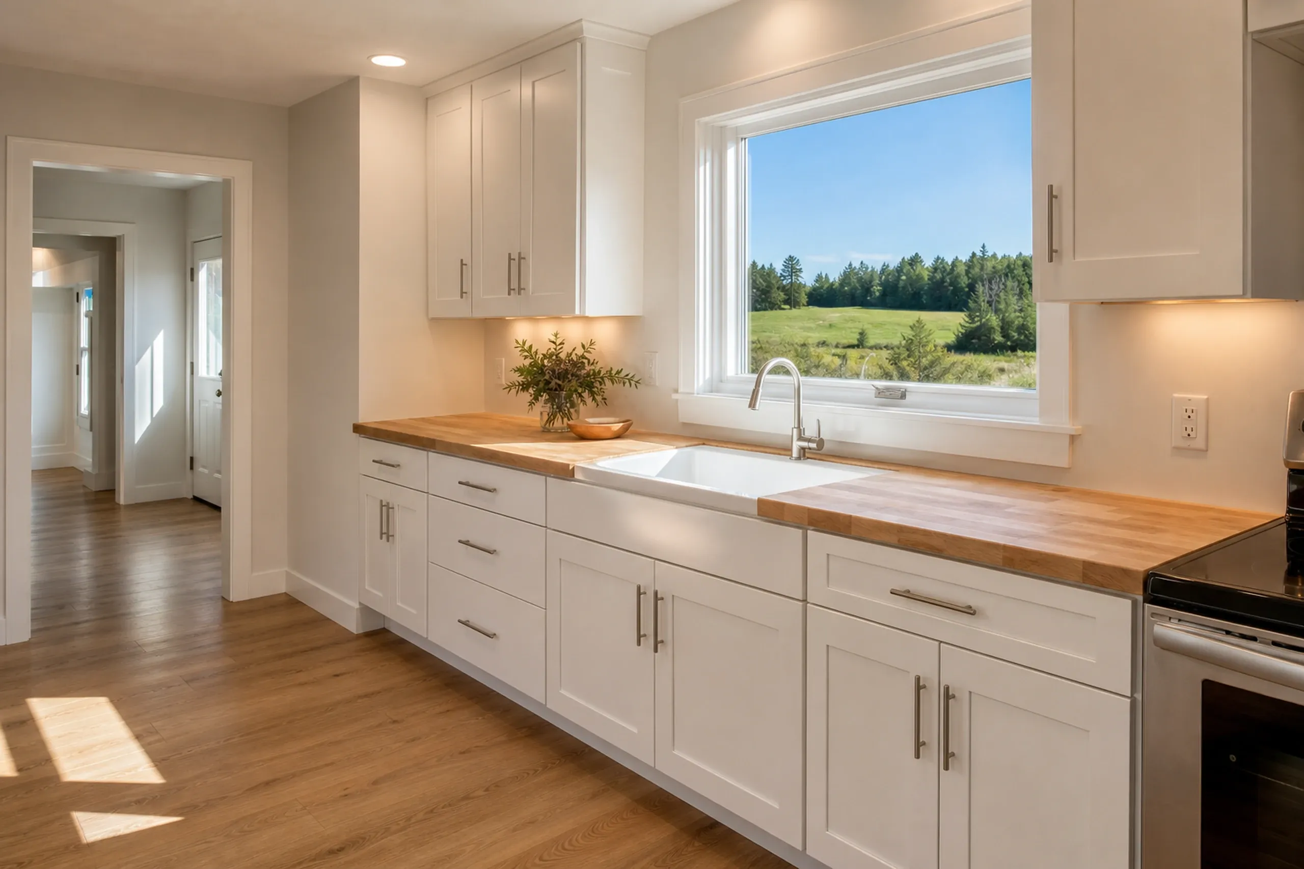 Modern kitchen renovation in Winterport, ME: White cabinetry with wood countertops, stainless steel sink, large window overlooking forested landscape and meadow.