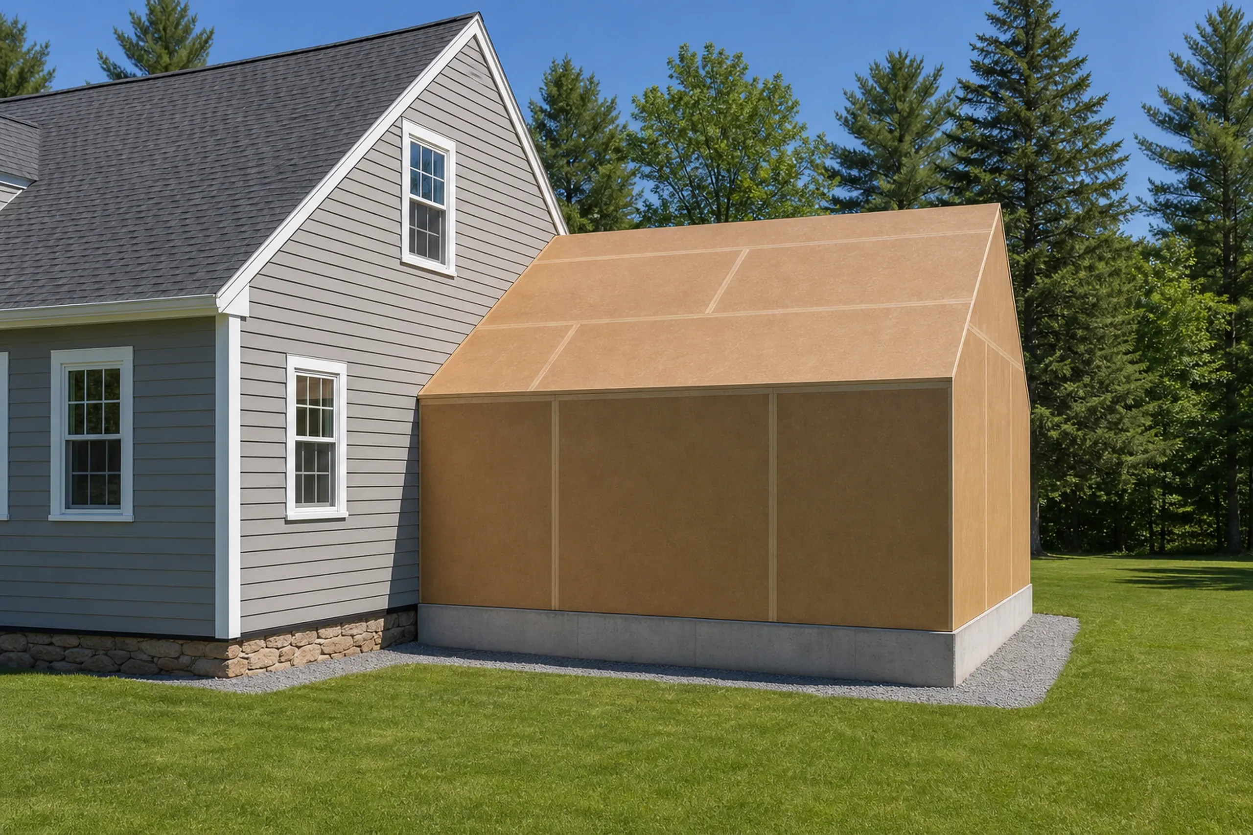 Addition framing in Winterport, ME: A one-story addition framed and wrapped against the gray clapboard end wall of a cape, its peaked roof framed to meet the old roof, on a new concrete frost wall, mowed lawn and evergreens behind.