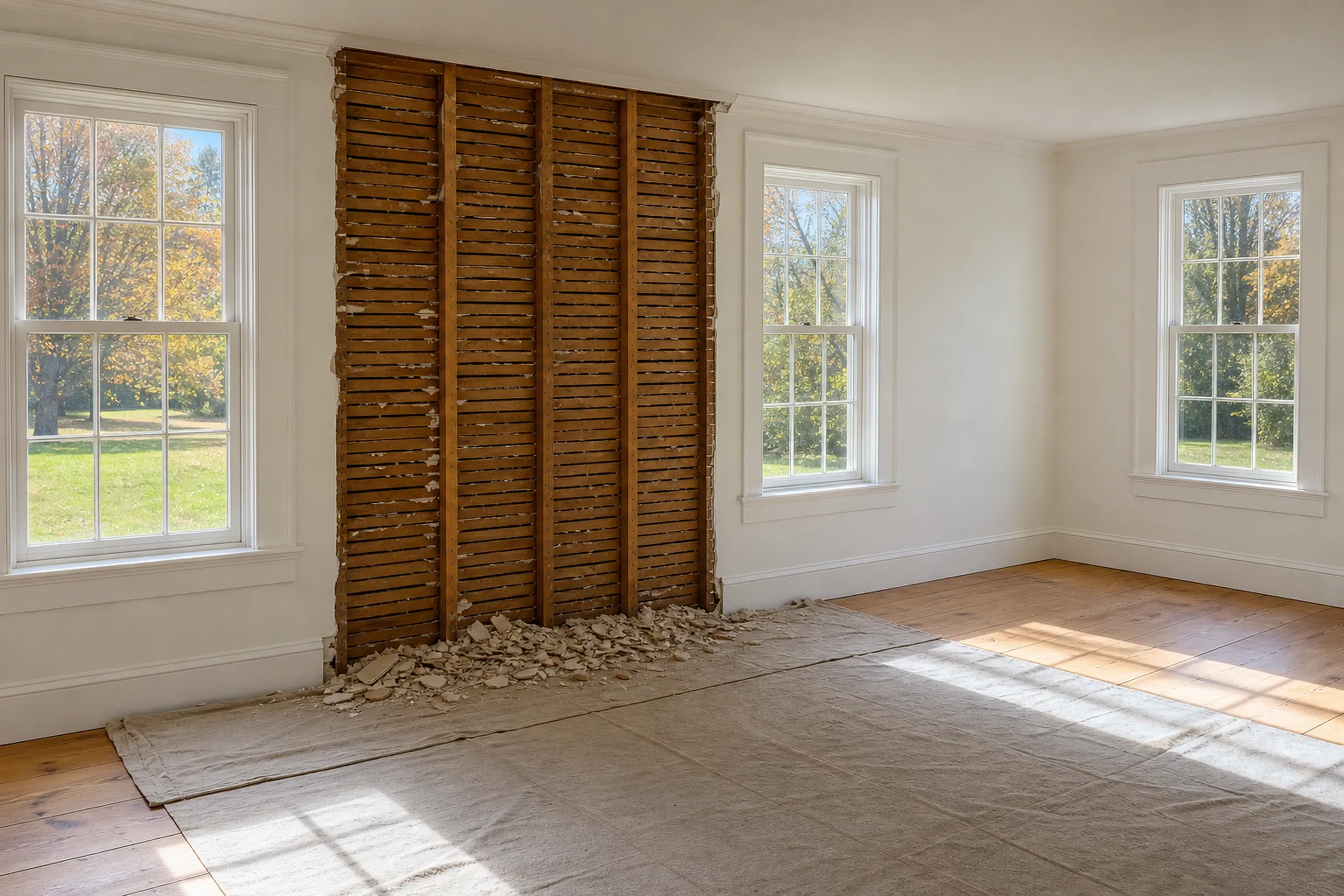 Village house renovation in Winterport, ME: A parlor with one plaster wall opened between old studs to the wood lath, broken plaster on a canvas drop cloth, wide pine floors and tall six-over-six windows.