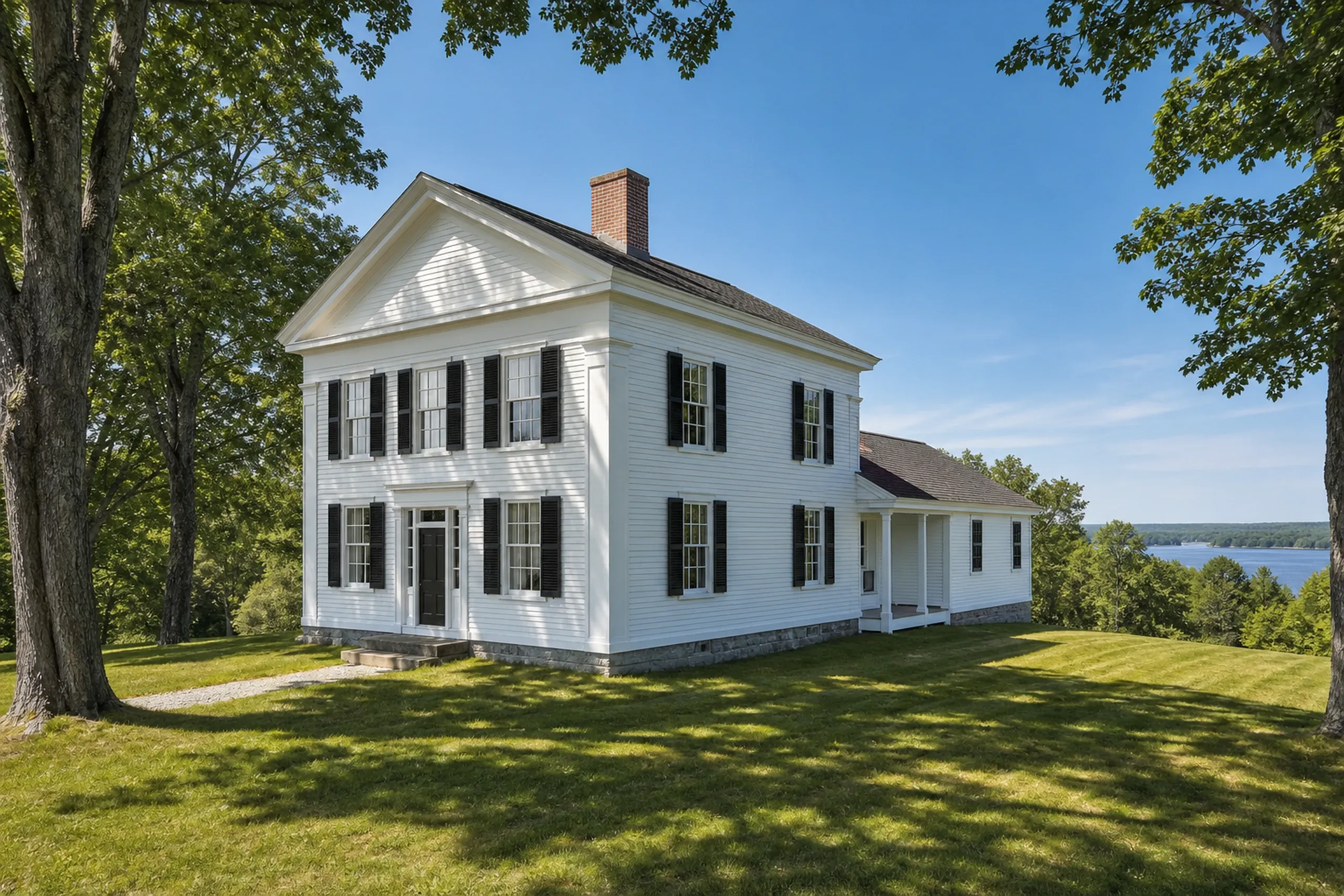 Finished rear ell in Winterport, ME: White clapboard two-story house with black shutters, a brick chimney and a one-story ell at the back, on a mowed lawn under large trees above the Penobscot River.