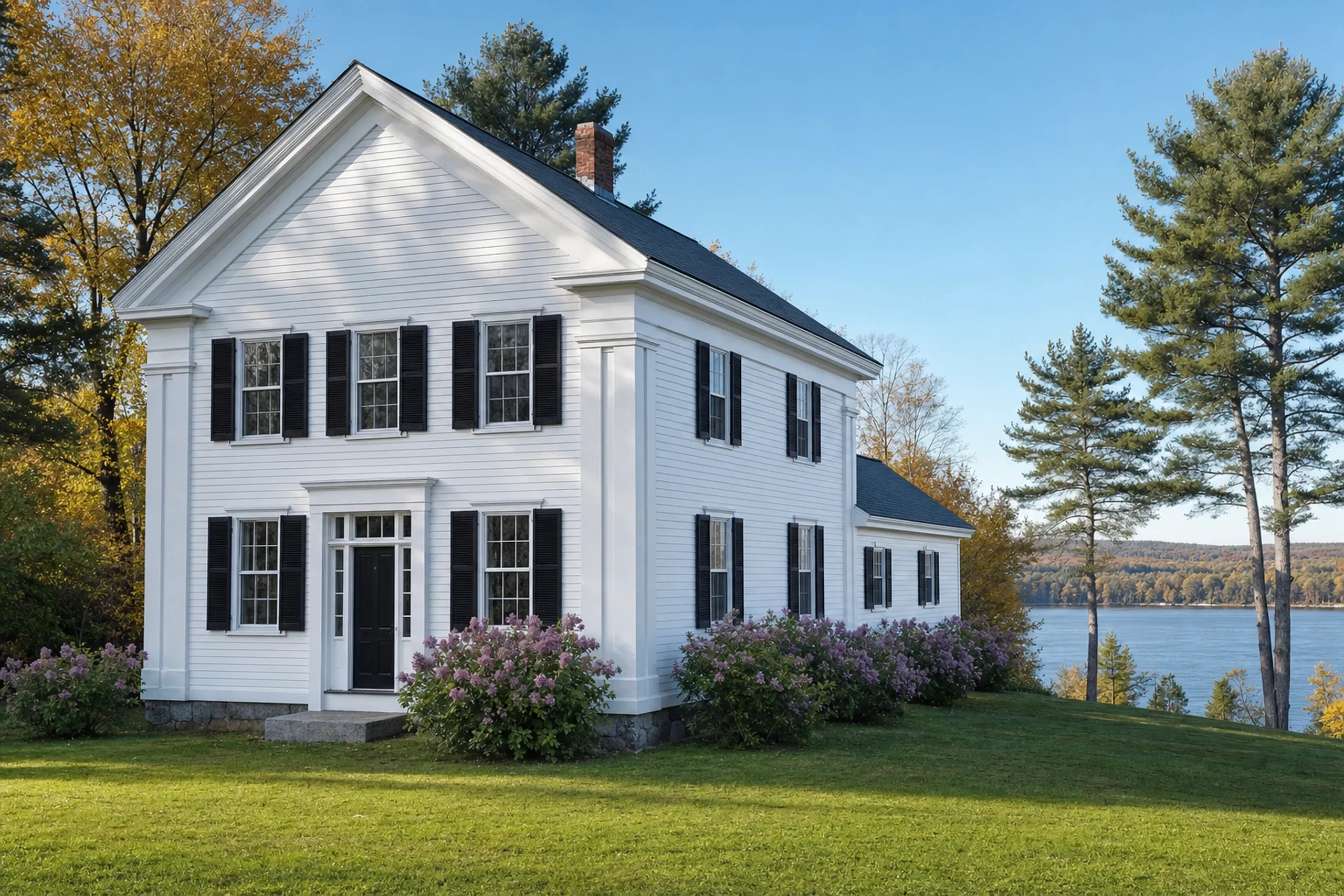 General contractor in Winterport, ME: White two-story Greek Revival house with black shutters, white trim, a dark roof and a brick chimney, purple lilacs, on a lawn above the Penobscot River with trees.