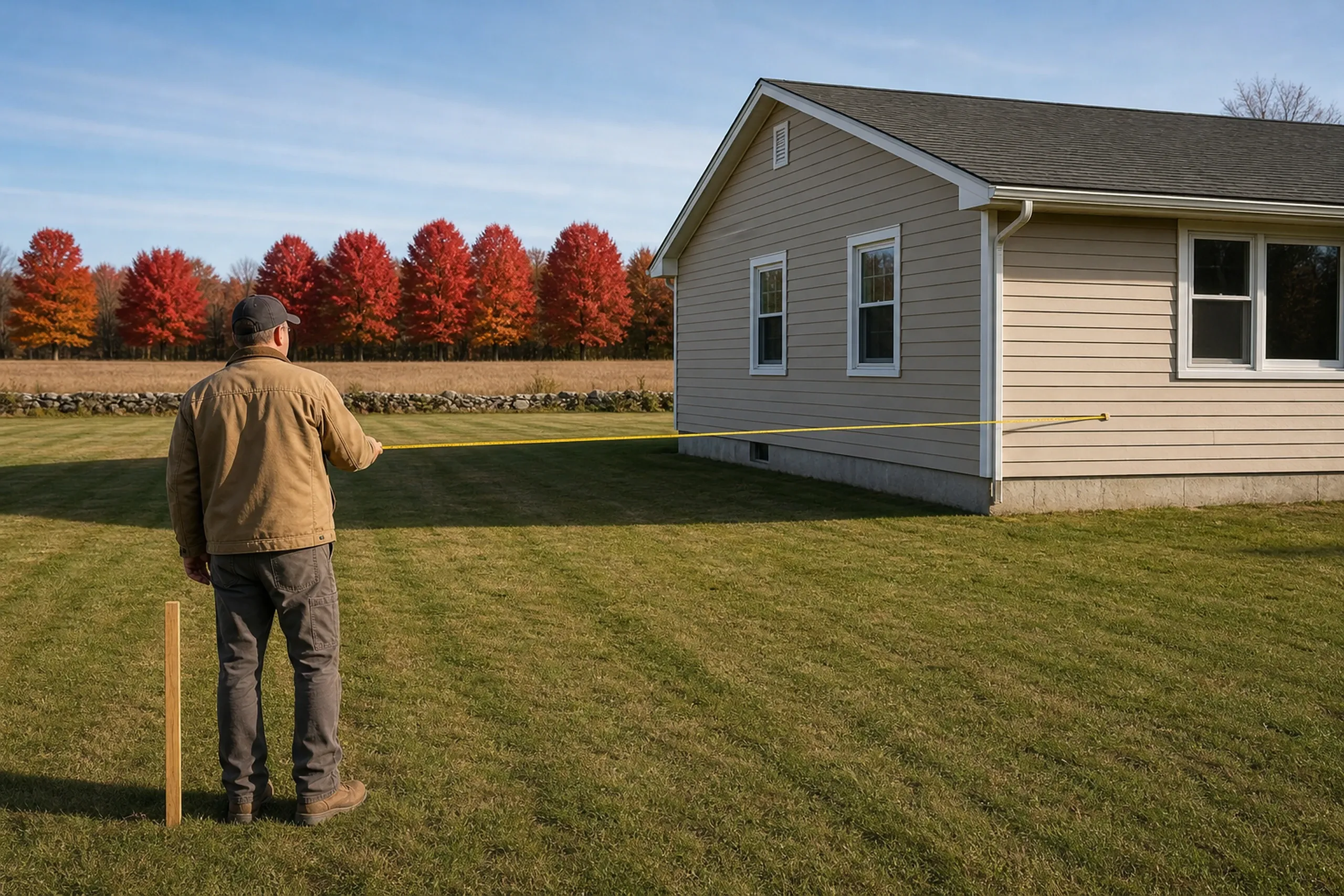 Residential home exterior measurement: Man in brown jacket holding measuring tape next to single-story house with gray and tan siding, white trim, and dark roof in Winterport, Maine.