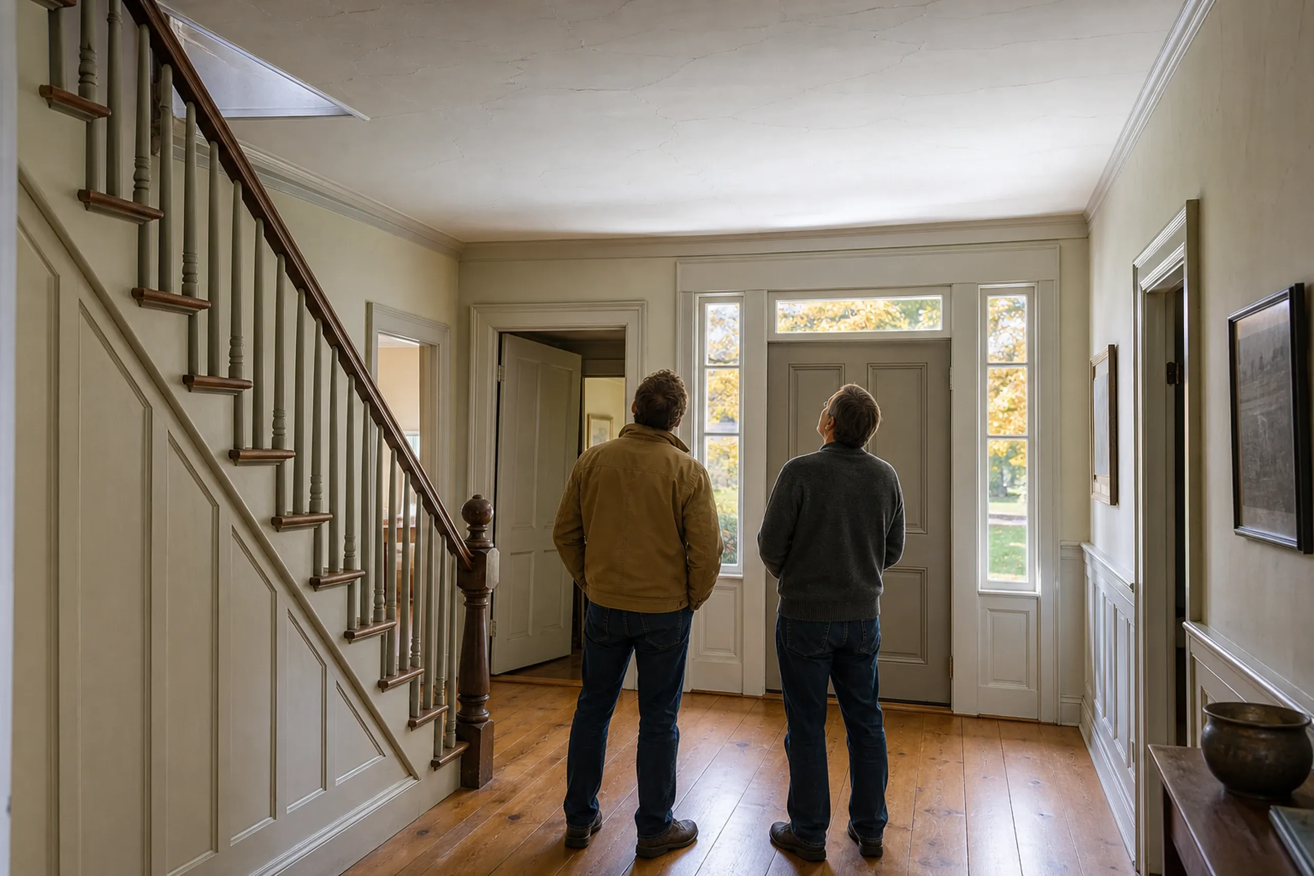 Colonial foyer in Winterport, ME: Two people stand in a light-colored entryway with wooden flooring, a staircase on the left, and a front door with sidelights ahead.