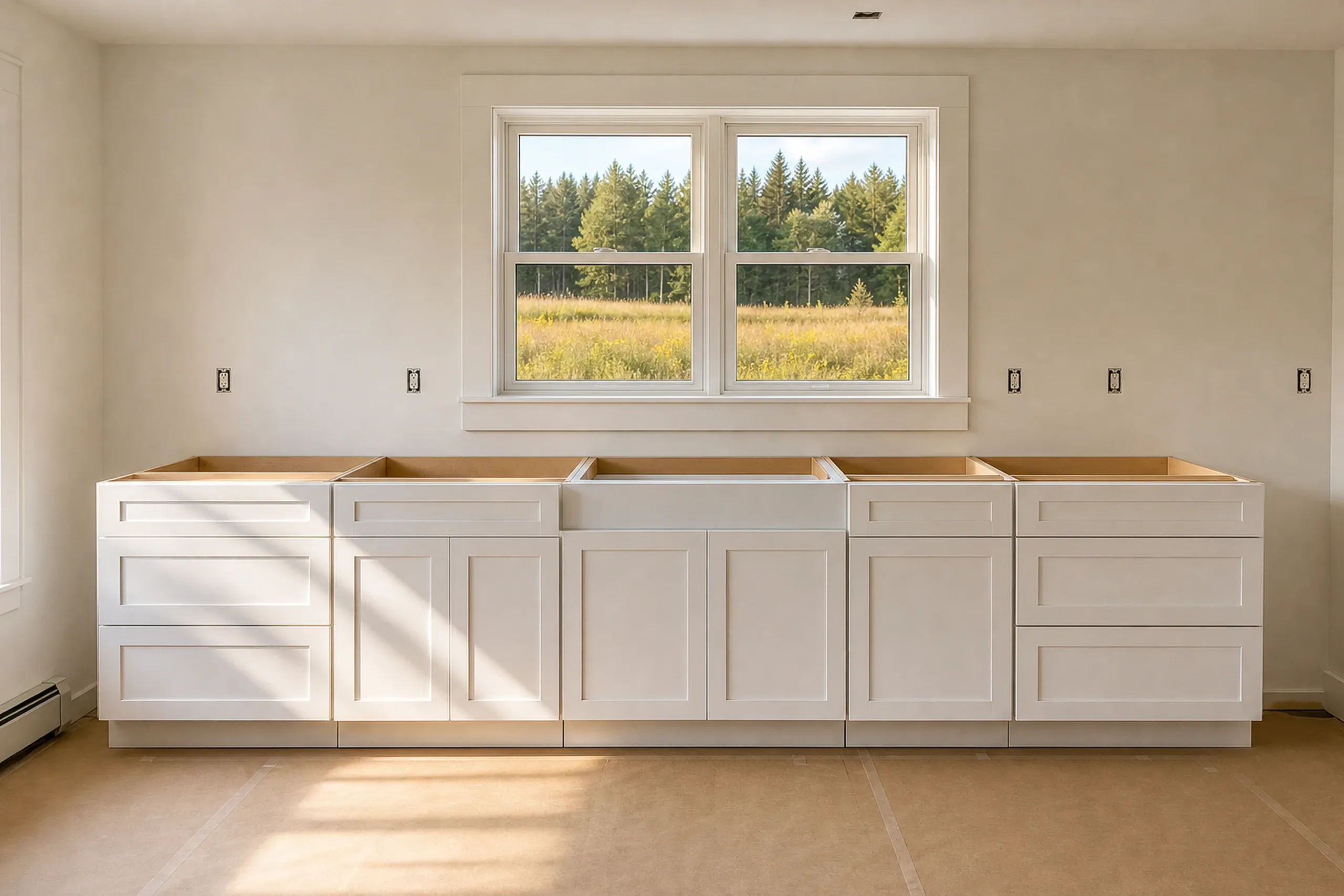 Kitchen Cabinets Installation in Winterport, ME: White shaker-style cabinetry installed below window overlooking forested landscape and field.
