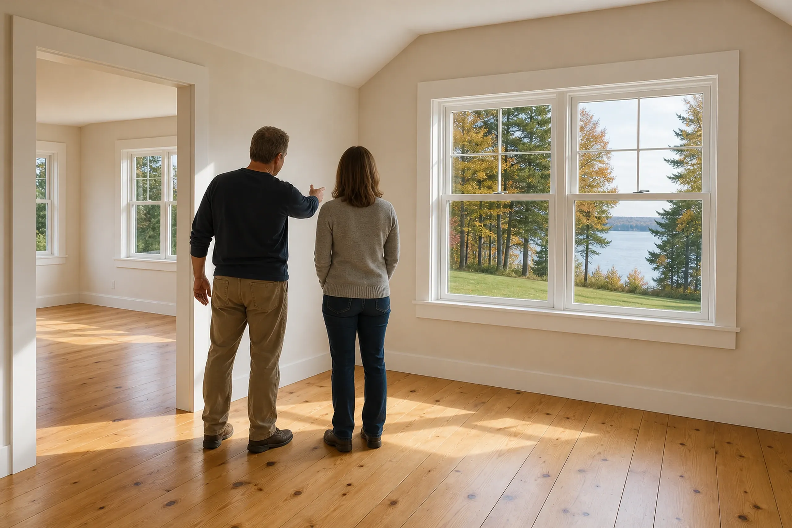 Final walkthrough in Winterport, ME: Two people seen from behind in a new room with wide pine floors, cream walls and large windows looking out to the Penobscot River and woods.