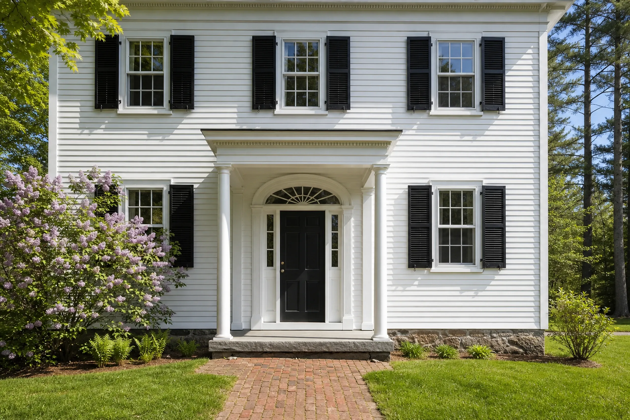 Colonial home in Winterport, ME: Two-story white vinyl-sided house with black shutters, white trim, black front door, brick walkway, purple flowering shrub, and evergreen trees.