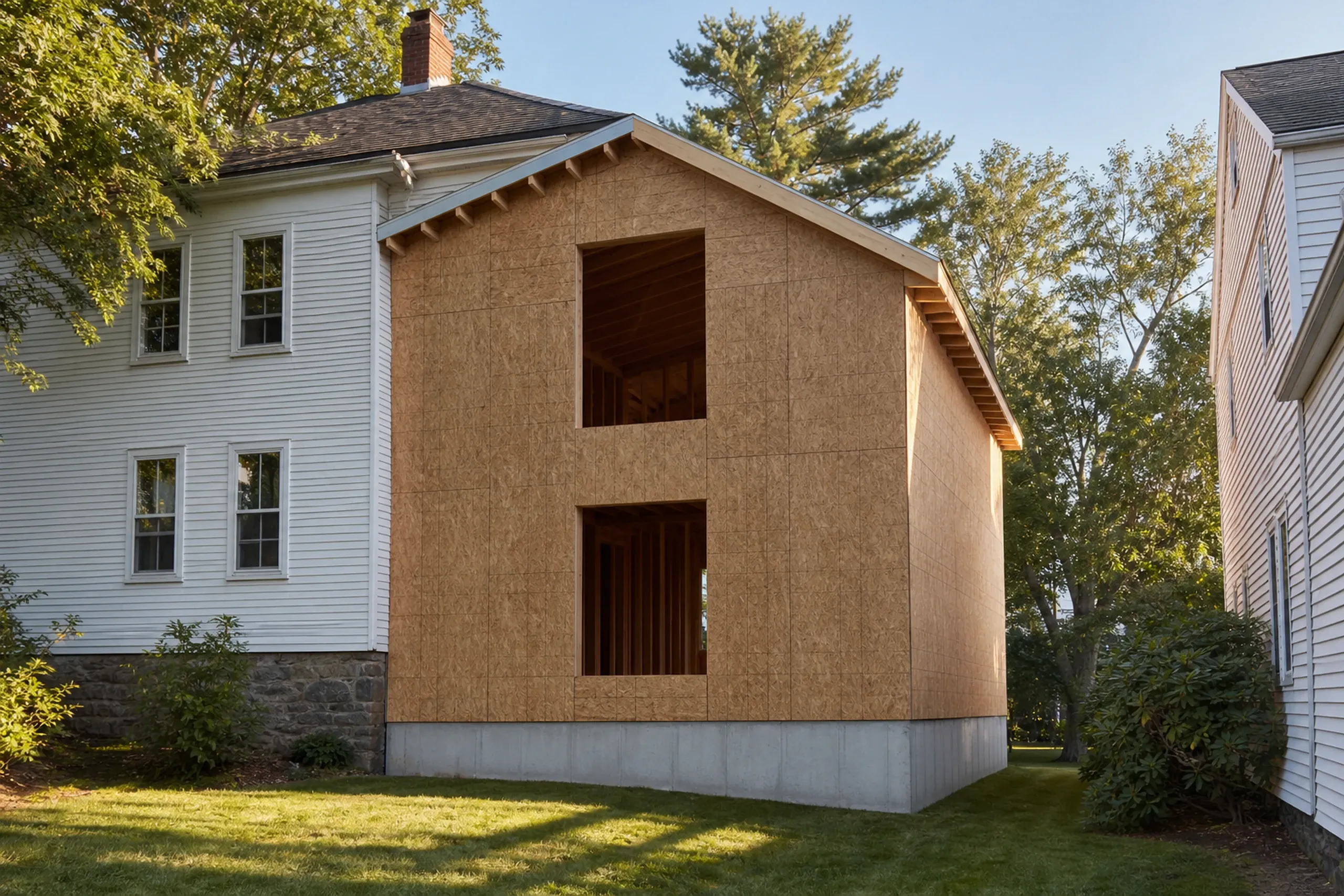 New residential construction in Bangor, ME: A two-story house with cork-textured tan siding, concrete foundation, and two large rectangular windows, flanked by white siding homes among trees.