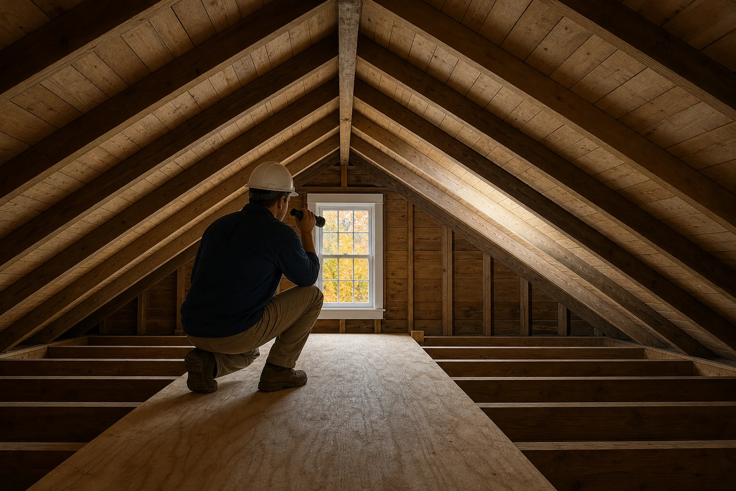 Attic framing in Bangor, ME: Worker in hard hat crouching in wooden attic space with exposed beams and insulation, viewing out through window.