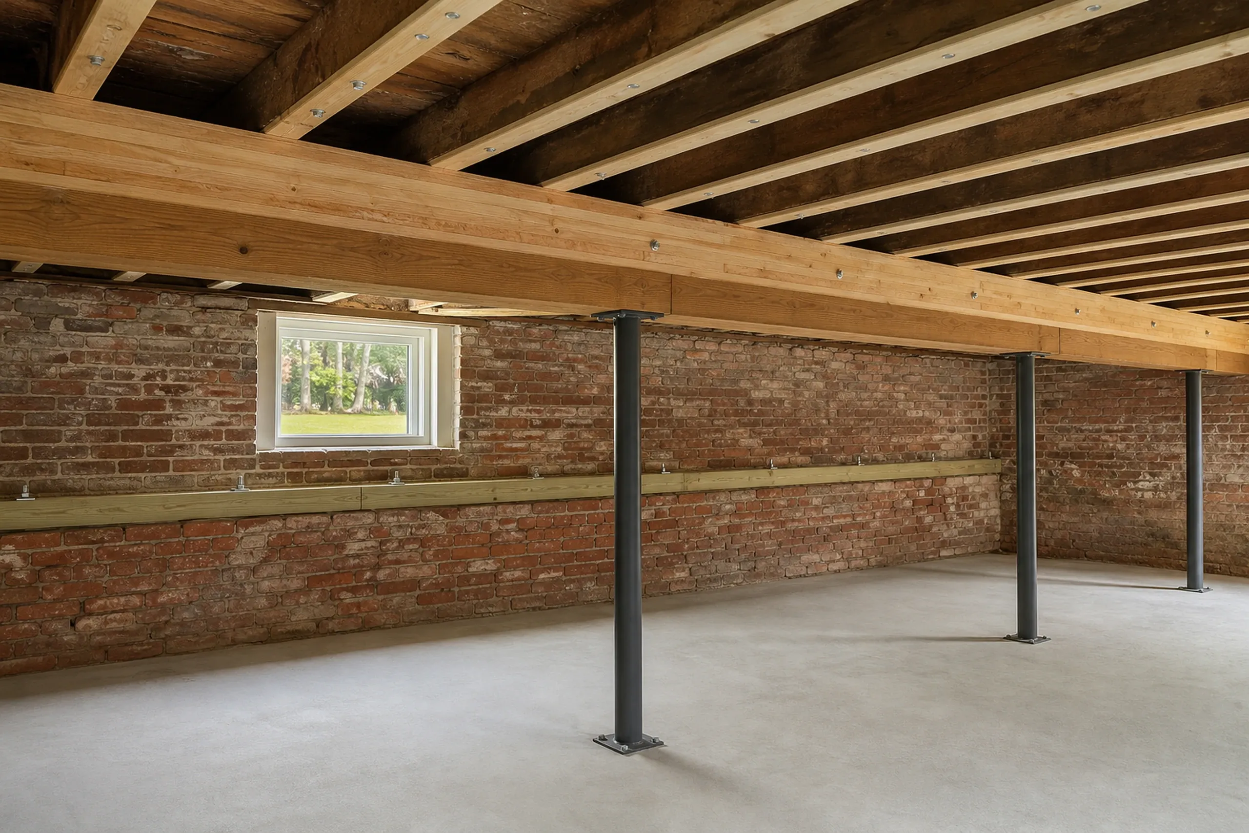 Basement framing in Bangor, ME: Unfinished basement with exposed brick walls, wooden beam ceiling, concrete floor, steel support columns, and a small window.