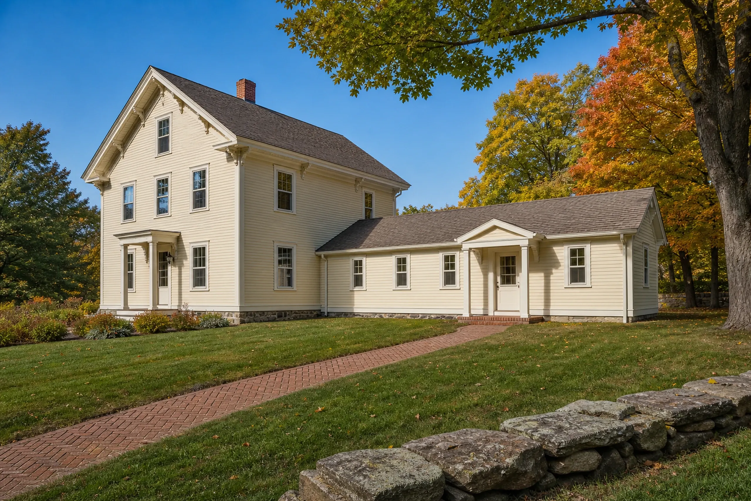 Restored Colonial Home in Bangor, Maine: White vinyl-sided two-story house with dark roof and brick walkway, surrounded by autumn foliage and manicured lawn.