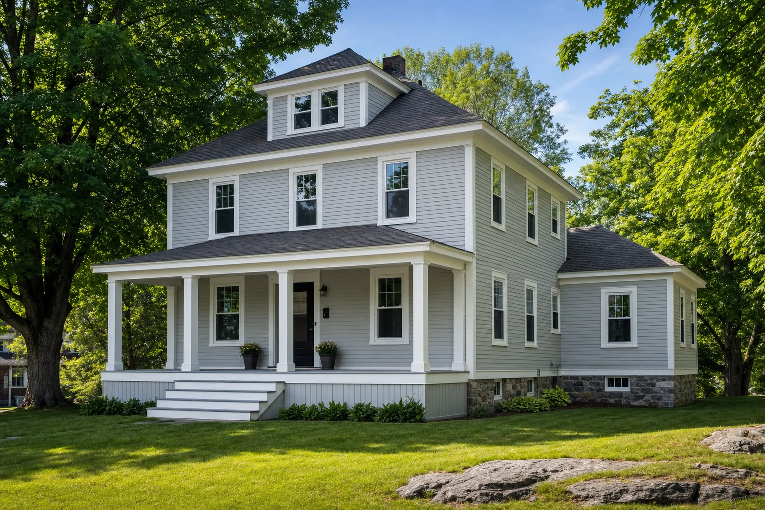 General contractor in Bangor, ME: White farmhouse with dark roof, front porch with columns, stone foundation, surrounded by green lawn and trees.