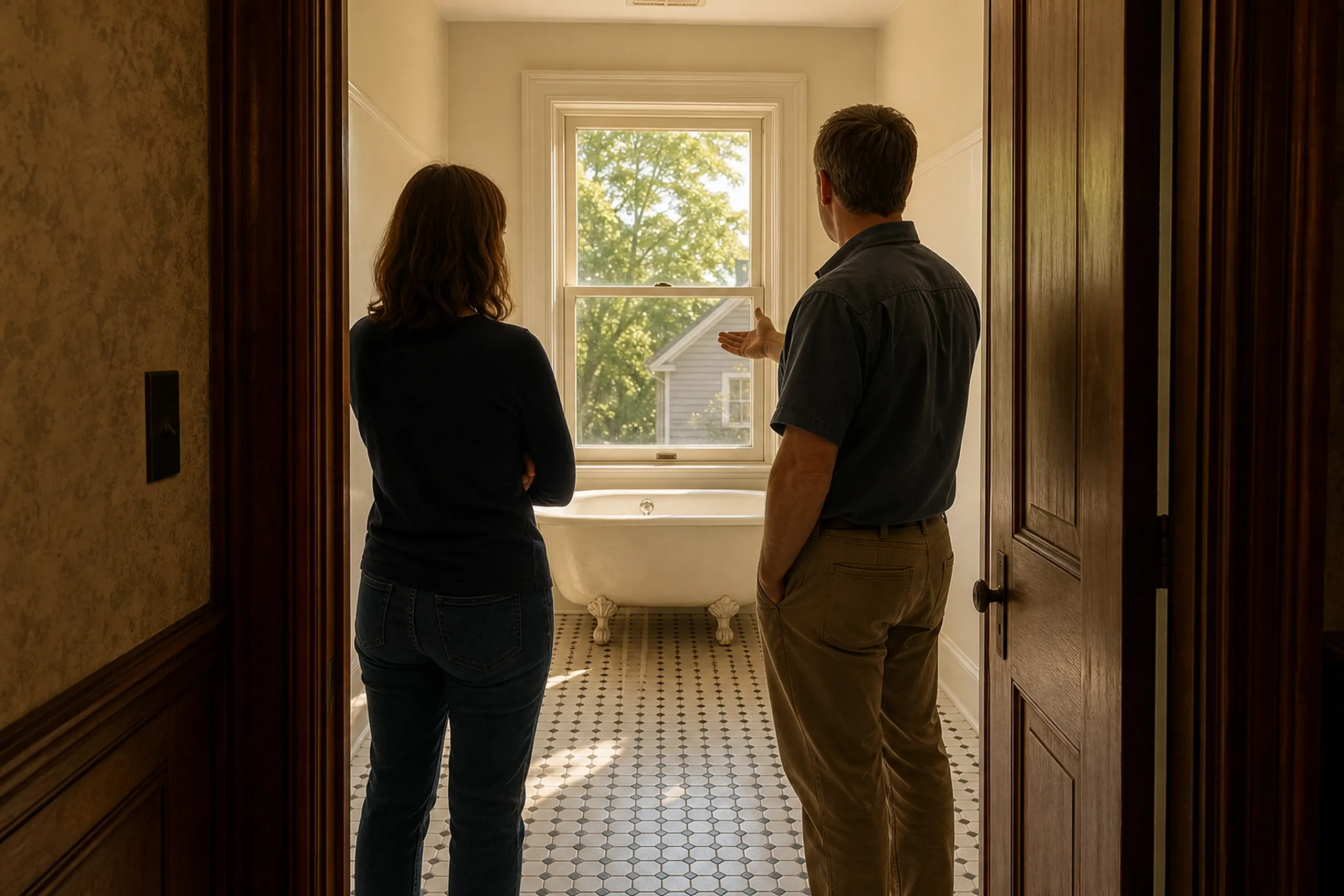 Bathroom Renovation in Bangor ME: Two people viewing a renovated bathroom with clawfoot tub, window overlooking a white house with green ivy, and geometric floor tile.