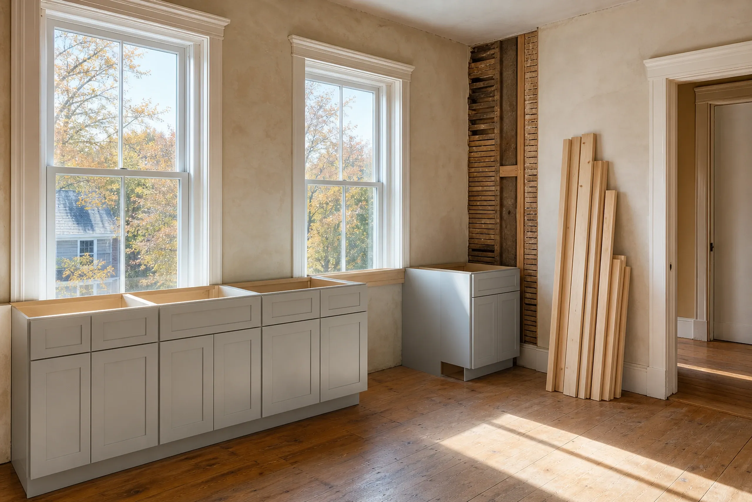 Kitchen renovation in Bangor, ME: Interior view of kitchen with gray cabinetry, wooden countertops, two windows overlooking autumn trees, exposed brick chimney, and wood flooring.
