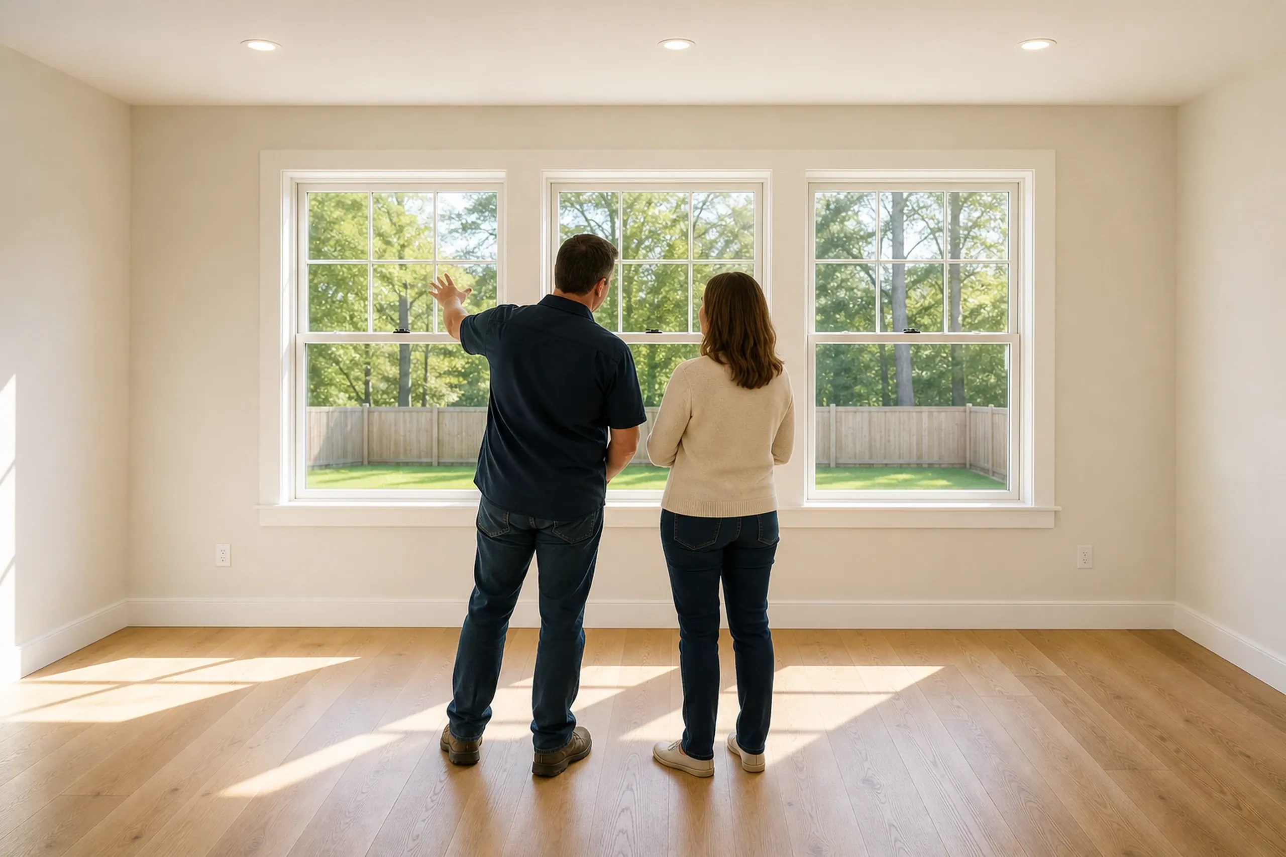 New home interior in Bangor, ME: Couple standing in empty room with hardwood flooring facing large multi-pane windows overlooking yard with wooden fence and trees.
