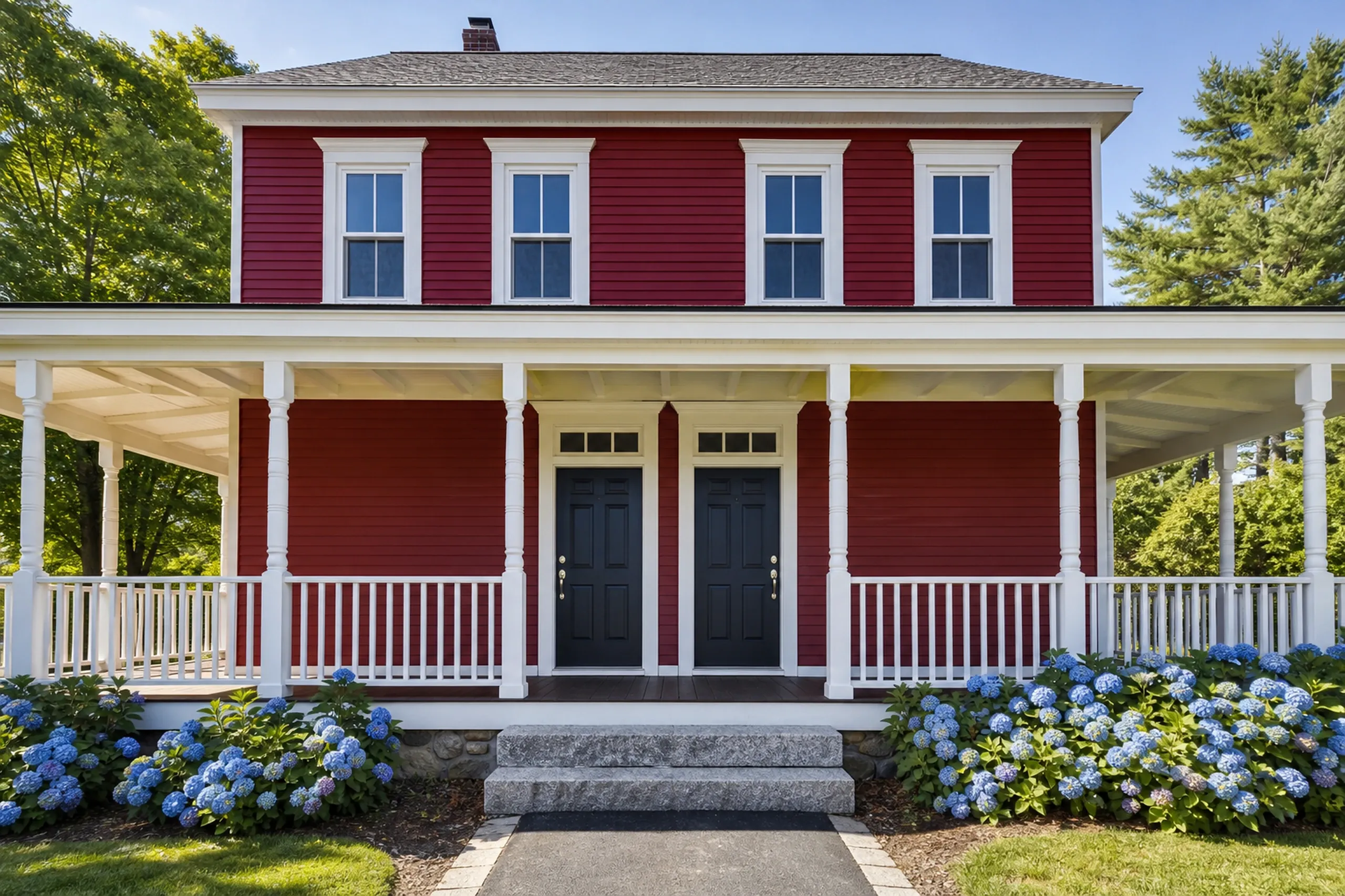 Red Colonial in Bangor, ME: Red-sided two-story colonial house with white trim and wrap-around porch, black double doors, blue hydrangeas, gray roof, surrounded by evergreen trees.