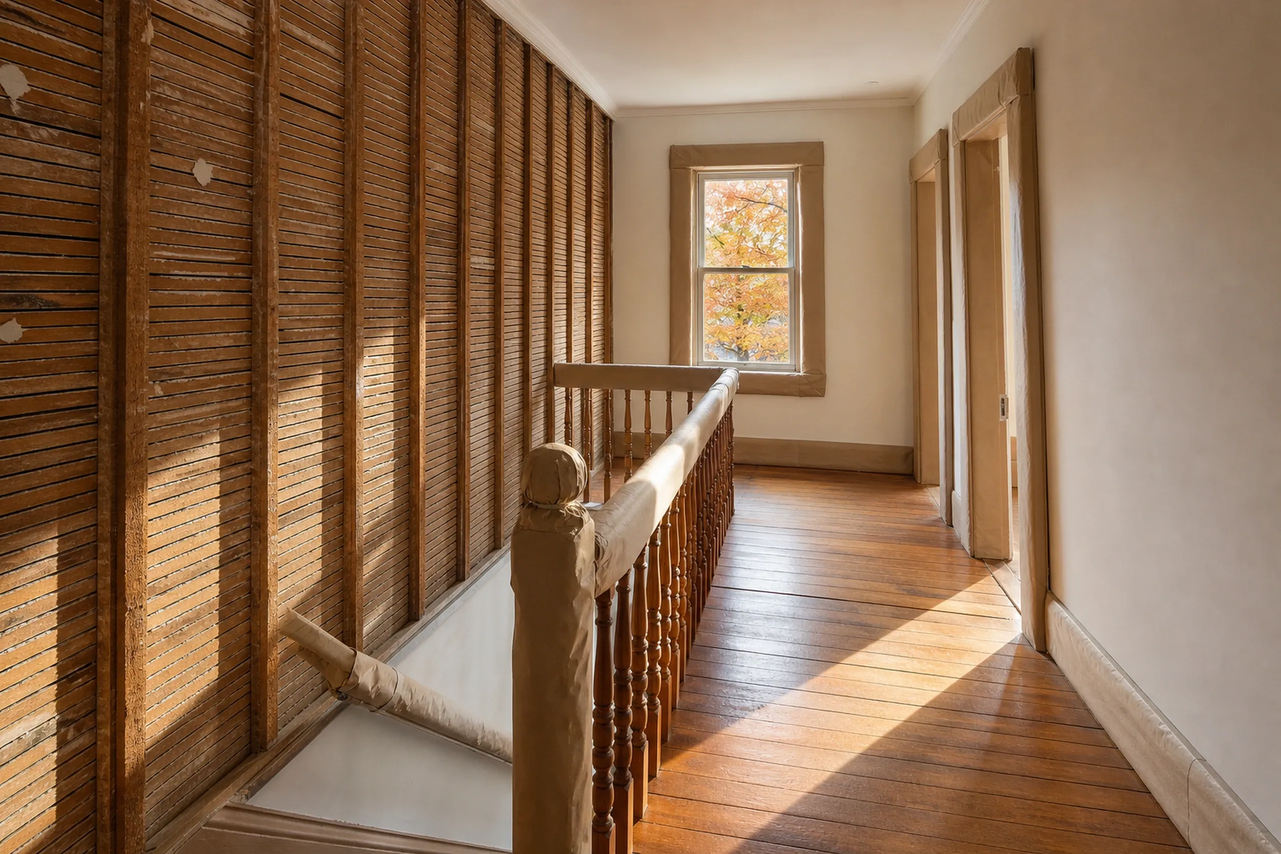 Hallway with wooden shutters in Bangor, ME: Interior corridor featuring louvered wooden shutters on left wall, wooden railing, hardwood flooring, window with autumn foliage view, and doorways along cream-colored walls.